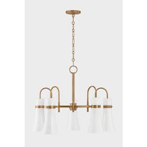 Maple 27.25 in. 5-Light Patina Brass Finish Chandelier With Seeded Opal Glass Shade