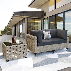 Apollo 3-Piece Wicker Outdoor Patio Conversation Seating Set with Black Cushions