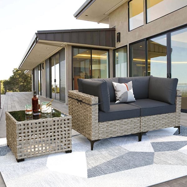 XIZZI Apollo 3-Piece Wicker Outdoor Patio Conversation Seating Set with Black Cushions