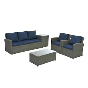 5-Piece Wicker Patio Conversation Set with Tempered Glass Table Top and Navy Blue Cushions