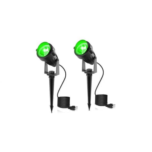Ahfiwaso IP66 600 Lumens Black Plug-in Integrated LED Outdoor Spotlight with Dusk to Dawn Feature in Green Light (2-Pack)