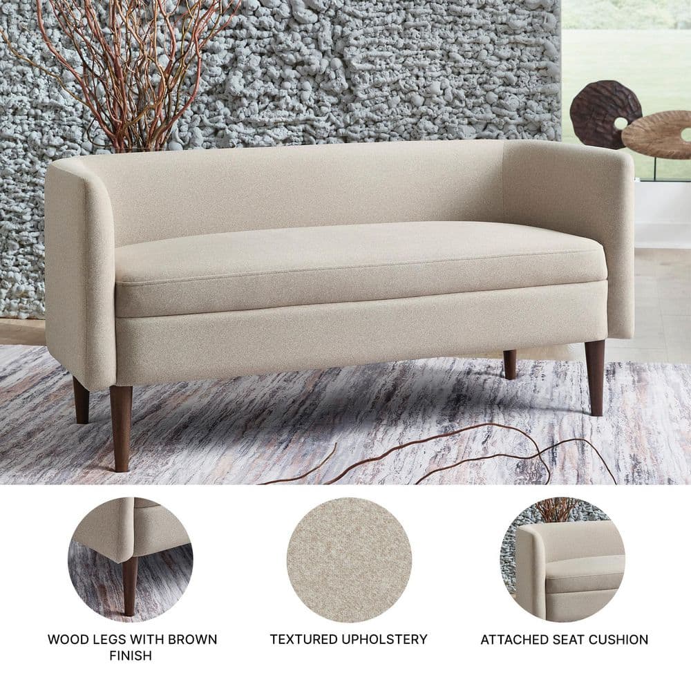 Infographic showing details of the beige accent bench.