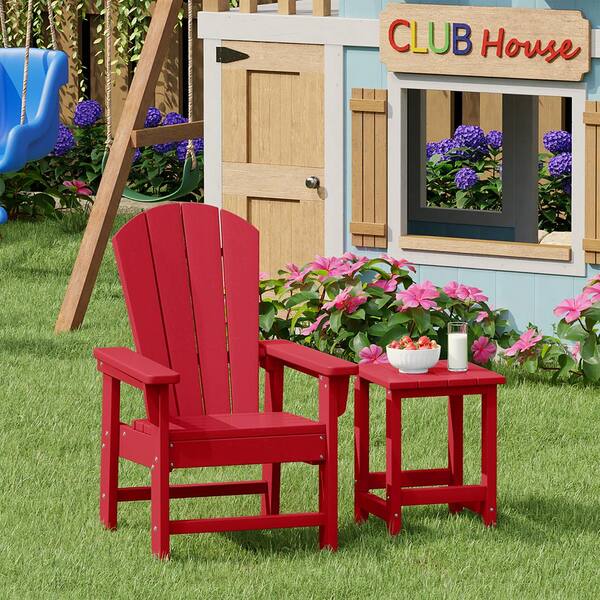 Children's Laguna Outdoor Patio All Weather Plastic Kids 2-Piece Adirondack Chair with Side Table in Red