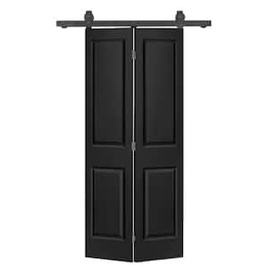 24 in. x 80 in. 2 Panel Black Painted MDF Composite Bi-Fold Barn Door with Sliding Hardware Kit