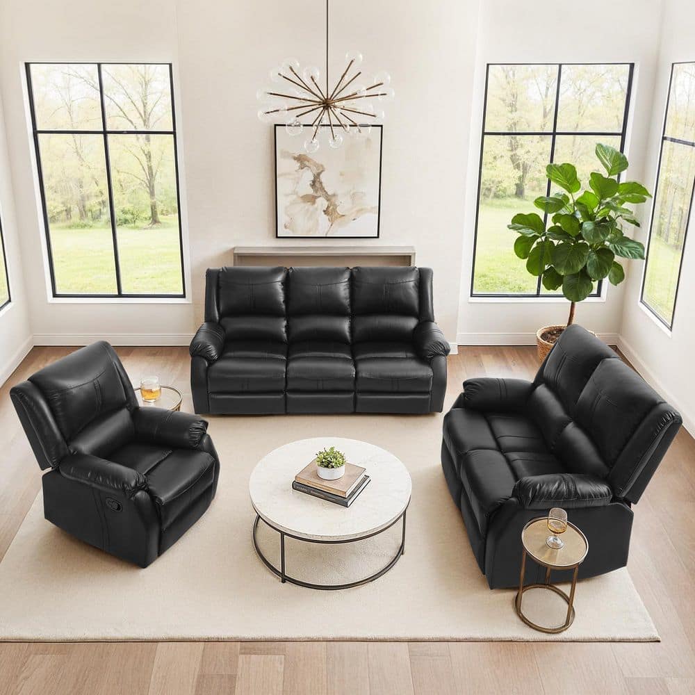 LUE BONA Jackson 80.7 in. W 3-Piece Rolled Arm Leather Upholstered