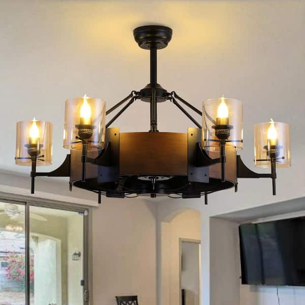 39.5 in. Indoor Fandelier Caged Black Downrod Industrial Ceiling Fans with Lights Vintage Rustic Farmhouse Chandelier