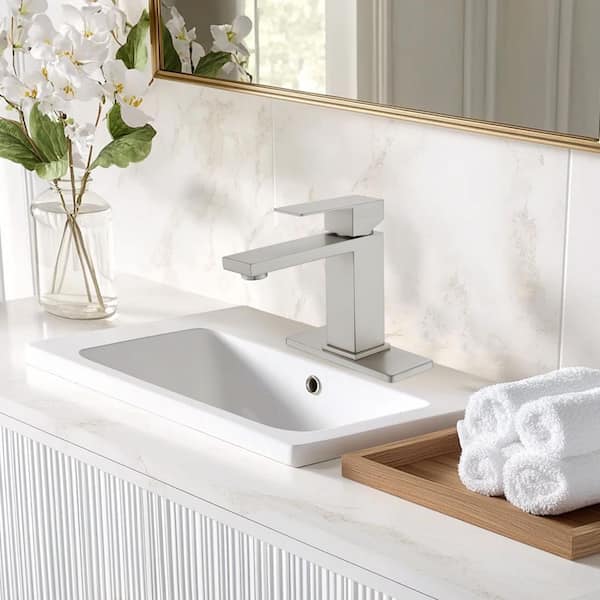 304 Stainless Steel Single Handle Single Hole Bathroom Faucet with Drain Kit Included in Nickel