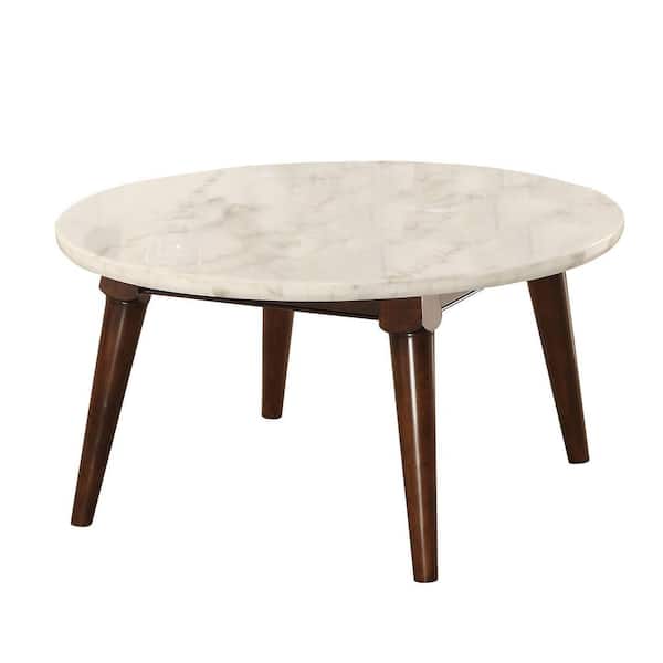 Benjara 36 In Brown White Medium Round, Round Stone Top Coffee Table