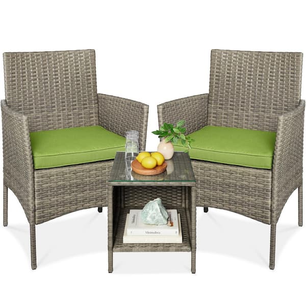 Best Choice Products 3-Piece Outdoor Wicker Conversation Patio Outdoor Bistro Set, with 2 Chairs, Table, Cushions-Taupe/Pistachio