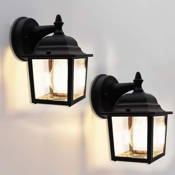 1-Light 8.4 in. Black Hardwired Outdoor Wall Light Lantern Porch Sconce with Clear Glass with No Bulbs Included (2-Pack)