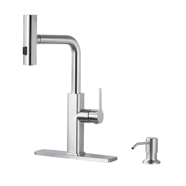 ALEASHA 3 Modes Single Handle Pull Down Sprayer Kitchen Faucet with Soap Dispenser in Brushed Nickel