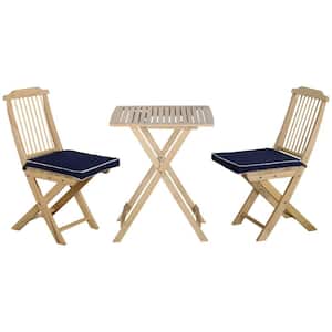 3 Pieces Patio Folding Bistro Set, Outdoor Pine Wood Table and Chairs Set with Tie-on Cushion & Square Coffee Table