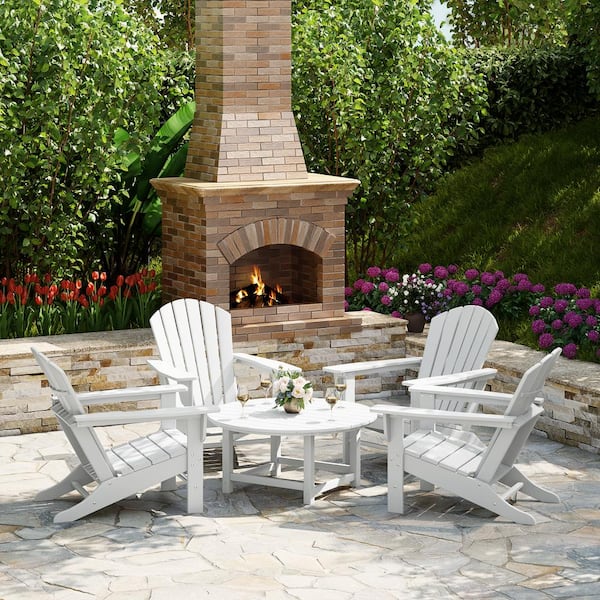 Altura Fade Resistant HDPE Plastic White 5-Piece Adirondack Chair Outdoor Patio Conversation Set, Round Coffee Table