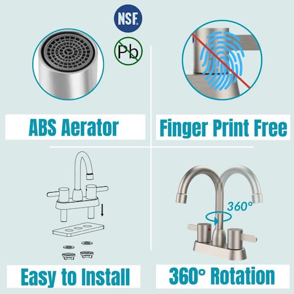 4 in. Centerset 2-Handle Bathroom Faucet with 360° Swivel Spout in Brushed Nickel