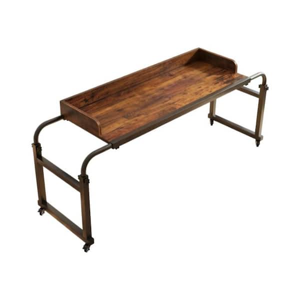 55.1 in. to 82.7 in. Adjustable Overbed Table with Wheels for King Queen Bed, Bed Table, Overbed Laptop in Brown