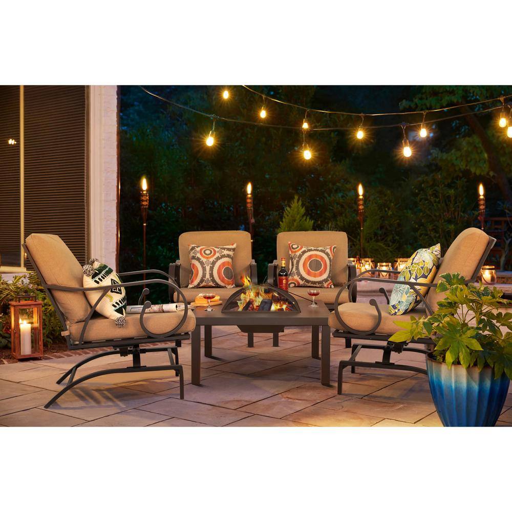 5 Piece Aluminium Patio Conversation Fire Pit Set with Brown Cushion
