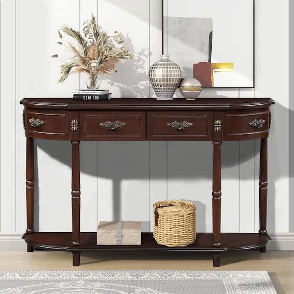Ernestine 52 in. Brown Half-Moon Wood Console Table with Shelf and 2 Drawers, Espresso