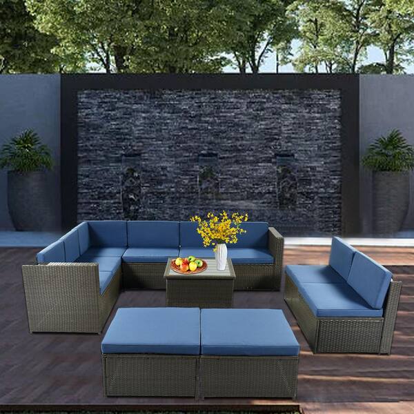 Tunearary Black 9-Piece Wicker Rattan Outdoor Sectional Set with Blue Cushions and Ottomans