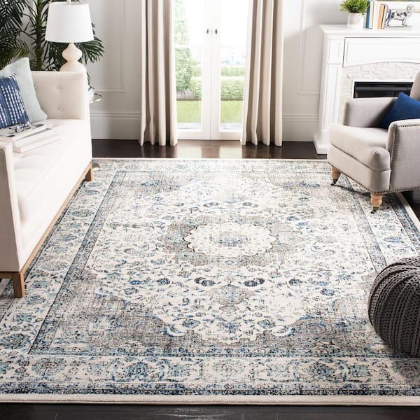 Evoke9 ft. x 9 ft. Gray/Ivory Square Border Medallion Distressed Area Rug