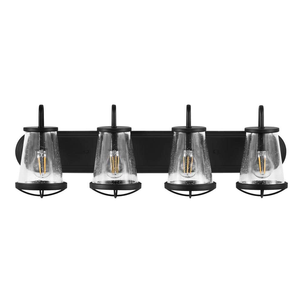 Home Decorators Collection Georgina 30 in. 4-Light Matte Black Industrial Bathroom Vanity Light with Clear Seeded Glass Shades