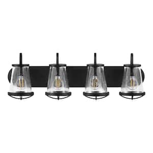 Georgina 30 in. 4-Light Matte Black Industrial Bathroom Vanity Light with Clear Seeded Glass Shades