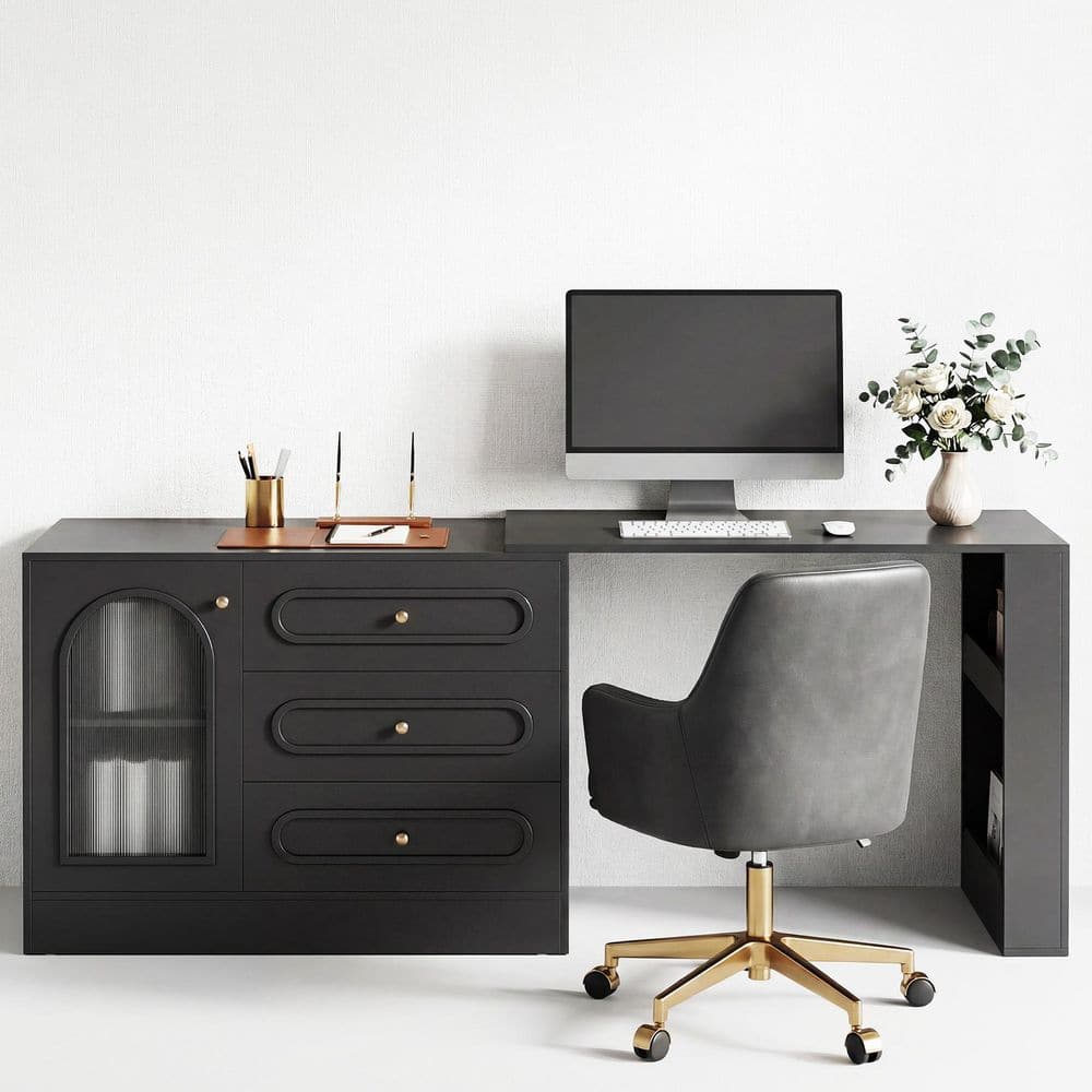 Moronia 39.37 in. 360° Rotatable Extendable Black Computer Desk with 3 Drawers, Cabinet and Side Storage Shelves