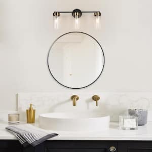 21.5 in. Modern 3-Light Black Bathroom Vanity Light, Cylinder Brass Gold Bath Lighting with Clear Glass Shade