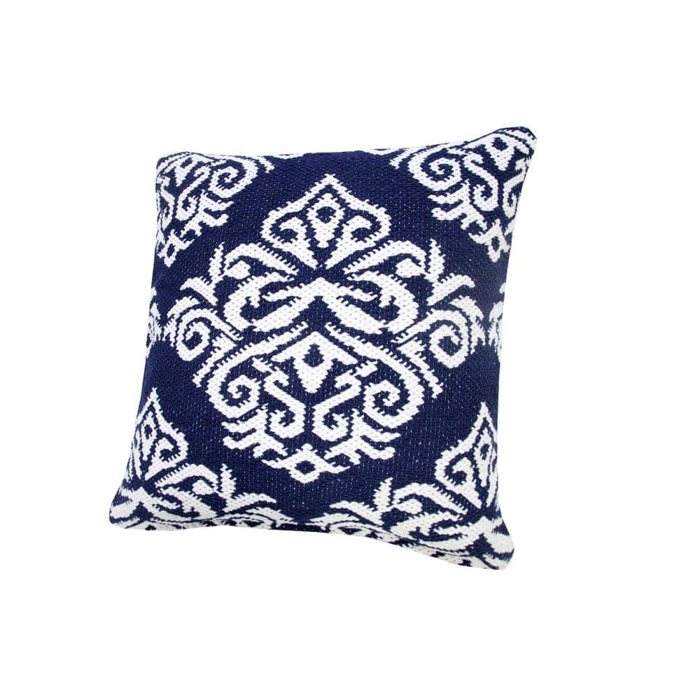 Blue and White Cotton Damask Square Throw Pillow Set