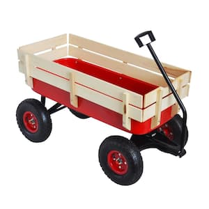 Capacity 3 cu. ft. Outdoor Metal Garden Cart All-Terrain Tractionwith Wooden Railings Suitable for Lawn Backyard Red