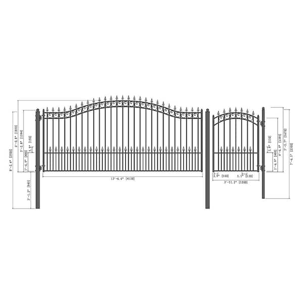 ALEKO 19 ft. x 14 ft. x 6 ft. x 5 ft. Black Steel Single Swing Driveway Gate Prague Style with Pedestrian Gate Fence Gate