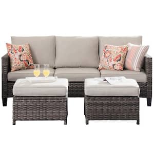 Megon Holly Gray 3-Piece Wicker Outdoor Patio Conversation Seating Sofa Set with Gray Cushions