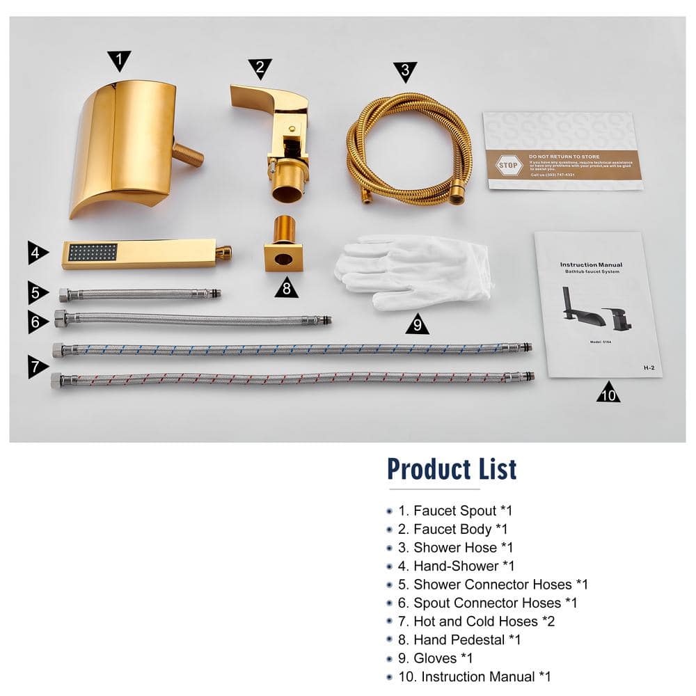 Gold Deck Mounted Waterfall Tub Faucet with Hand Shower