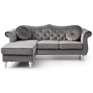 Hollywood 81 in. Round Arm Velvet Specialty Tufted L Shaped Sofa in Gray