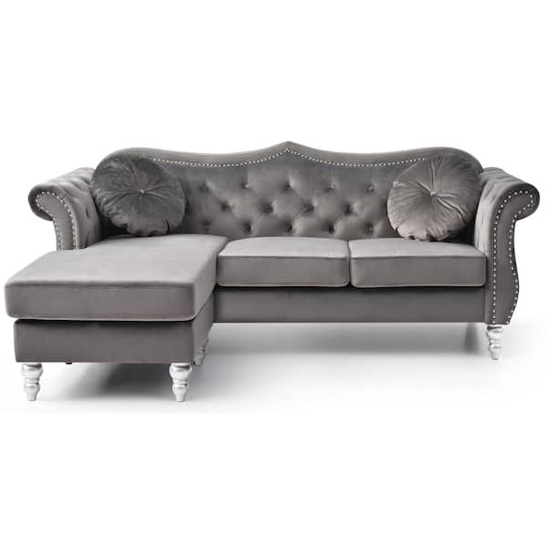 AndMakers Hollywood 81 in. Round Arm Velvet Specialty Tufted L Shaped Sofa in Gray
