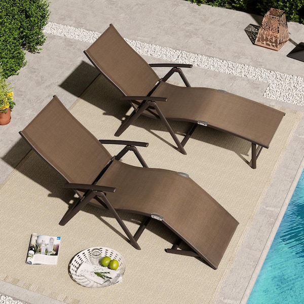 Brown 2-Piece Aluminum Metal Folding Outdoor Chaise Lounge with Adjustable Back in Brown