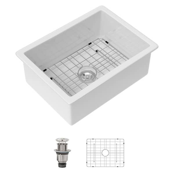 24 in. Undermount Single Bowl Round Corner Kitchen Sink in White Ceramic with Strainer and Bottom Grid
