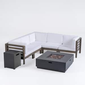 Malawi Grey 7-Piece Wood Patio Fire Pit Sectional Seating Set with White Cushions