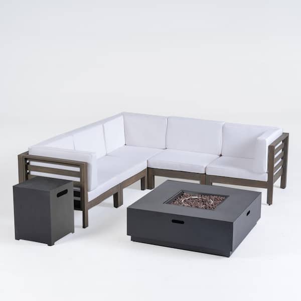 Noble House Malawi Grey 7-Piece Wood Outdoor Patio Fire Pit Sectional Seating Set with White Cushions