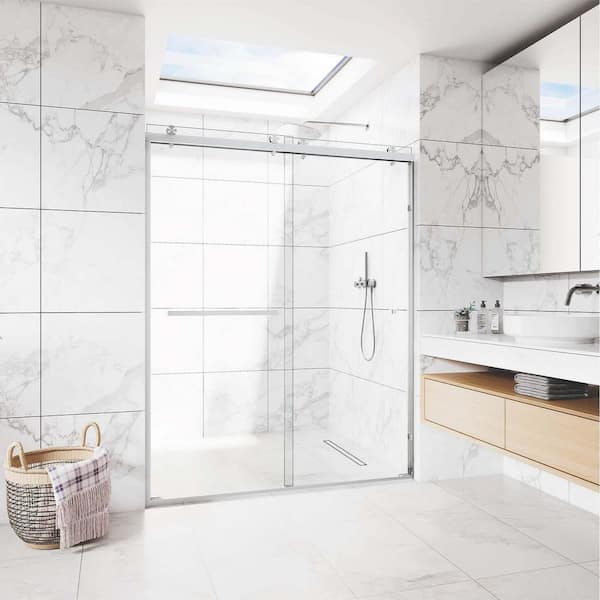 CS 44in.-48in. W x 76 in. H Contemporary Semi Frameless Double Sliding Doors w/ 5/16 in. TemperedGlass in Brushed Nickel