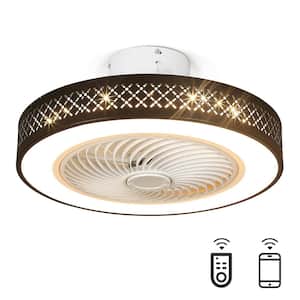 20 in. LED Indoor Black Low Profile Modern Dimmable Caged Flush Mount Ceiling Fan with Light with Remote for Bedroom