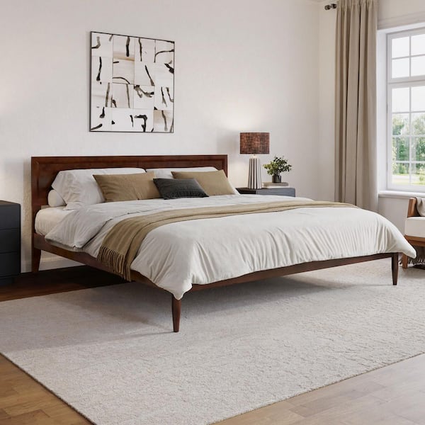 Ellarie Walnut Brown Wood Frame King Platform Bed with Adjustable Headboard