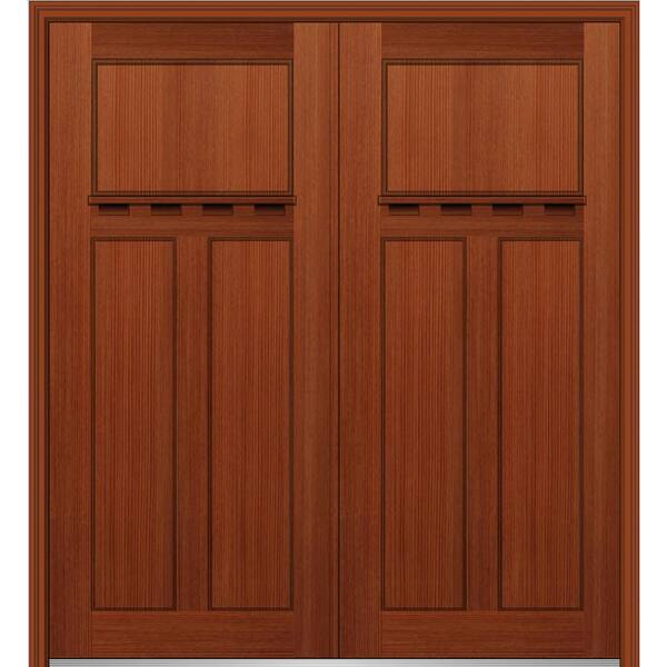 MMI Door 64 in. x 80 in. Classic Left-Hand Inswing Craftsman 3-Panel Stained Fiberglass Fir Prehung Front Door with Brickmould
