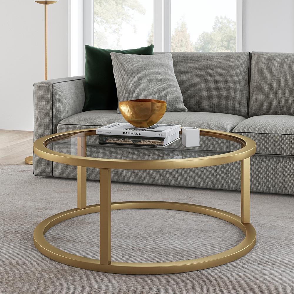 Elegant Round Brass Coffee Table with Tempered Glass Top