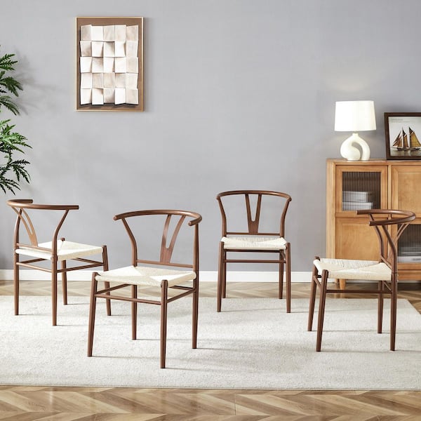 Brown Metal Frame Linen Woven Seat Dining Chair, ArmChair Set of 4