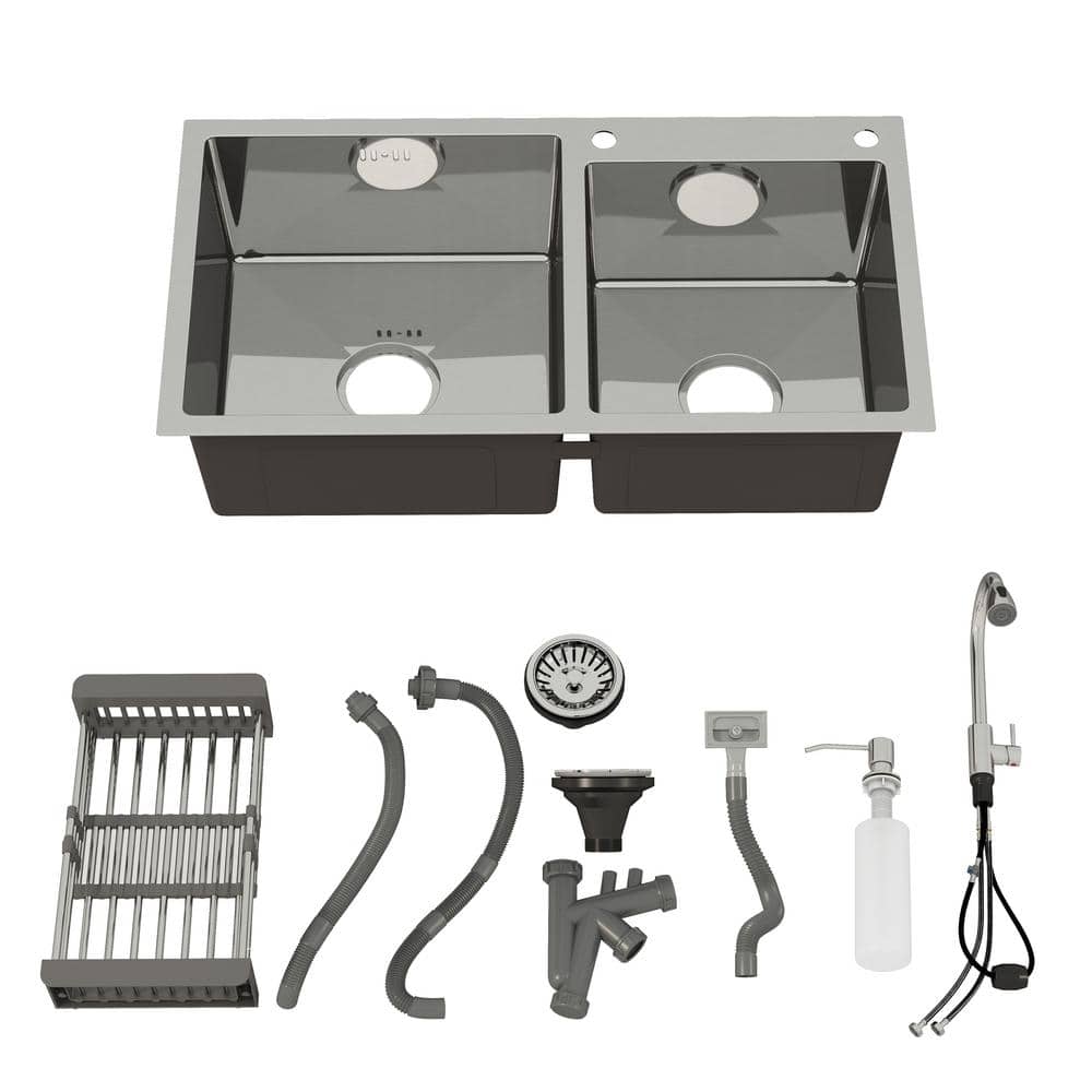 30 in. Drop-In/Undermount Double Bowl Stainless Steel Kitchen Sink with Fau
