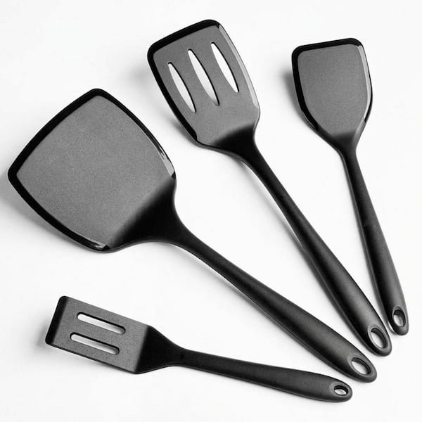 600°F Heat Resistant Silicone Turner Spatula Set Black Nonstick Non Scratch Kitchen Utensils with Ergonomic Grip 4-Pack