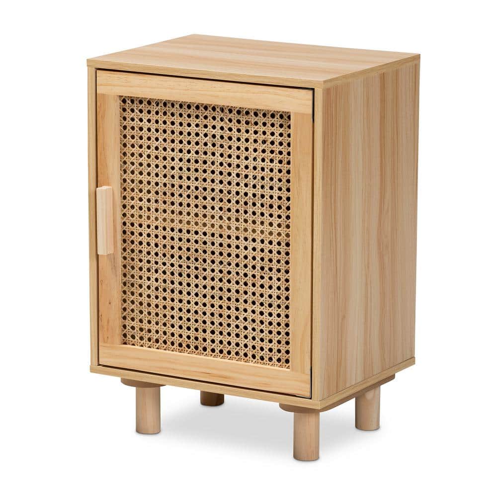 Mid-Century Modern Natural Brown Pine & MDF End Table with Rattan Door