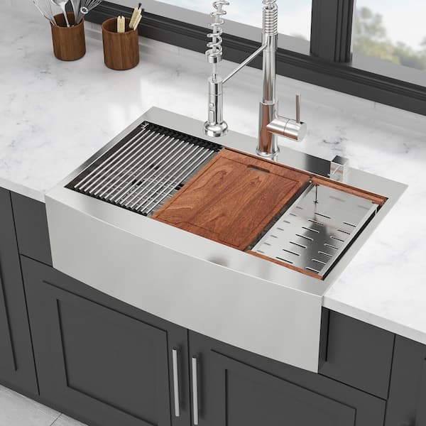 33 in. Farmhouse Single Bowl 16-Gauge Brushed Nickel Stainless Steel Kitchen Sink with Workstation