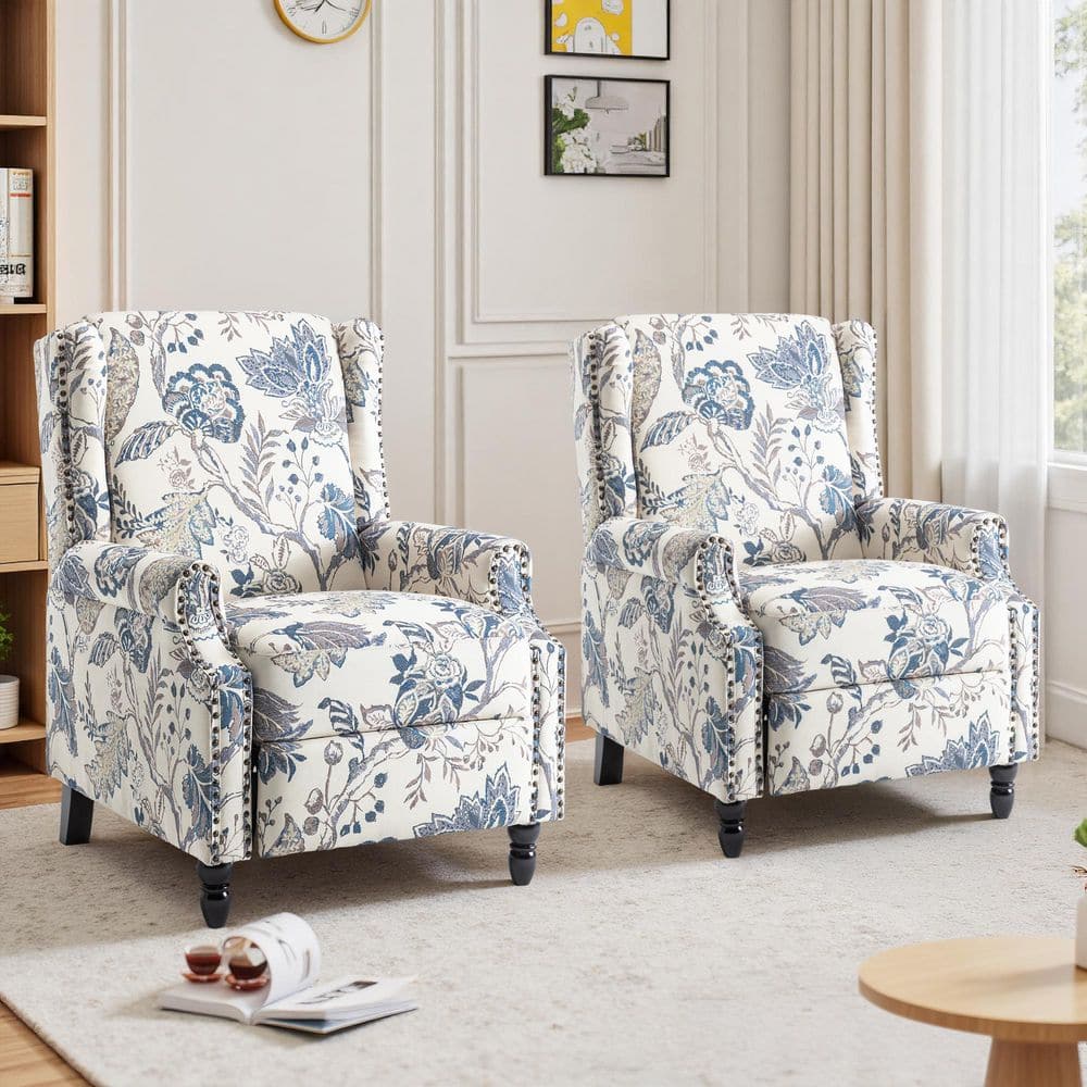 Uixe Plants Blue Linen Nailhead Trim Upholstered Manual Recliner