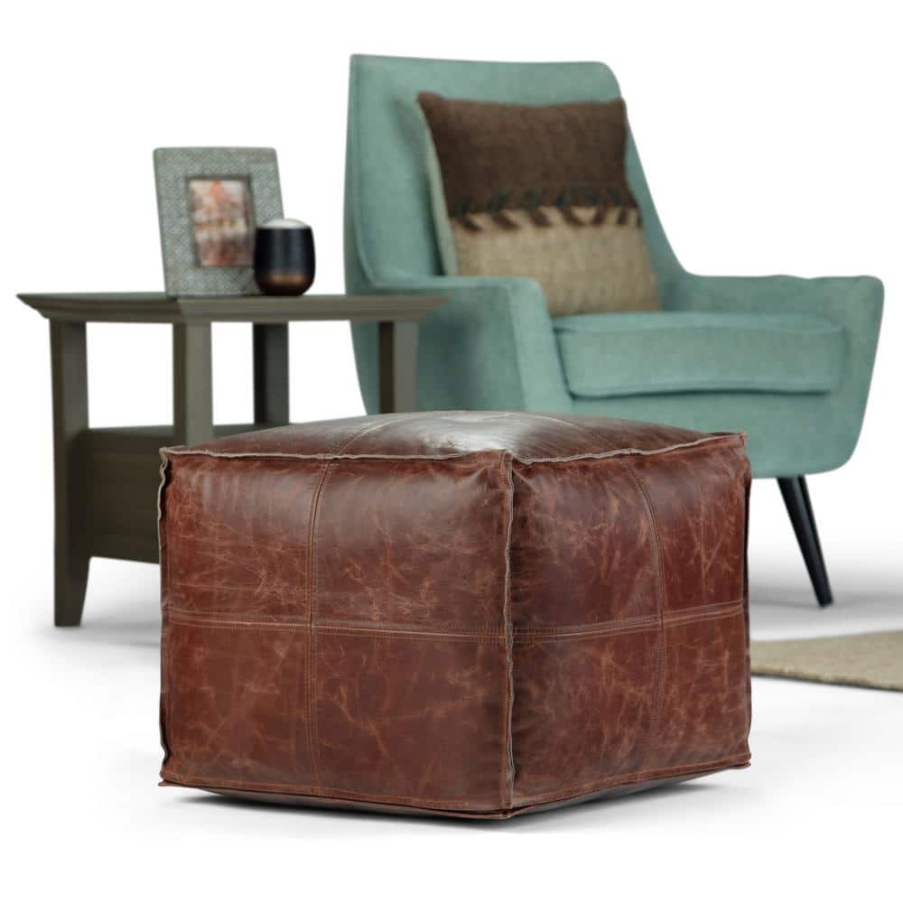 Sheffield Distressed Brown Genuine Leather Square Pouf